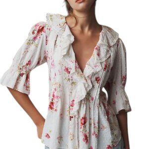 Anthropologie Floral Ruffle Blouse Swiss Dot Pink & White Button Front Top Sz XS